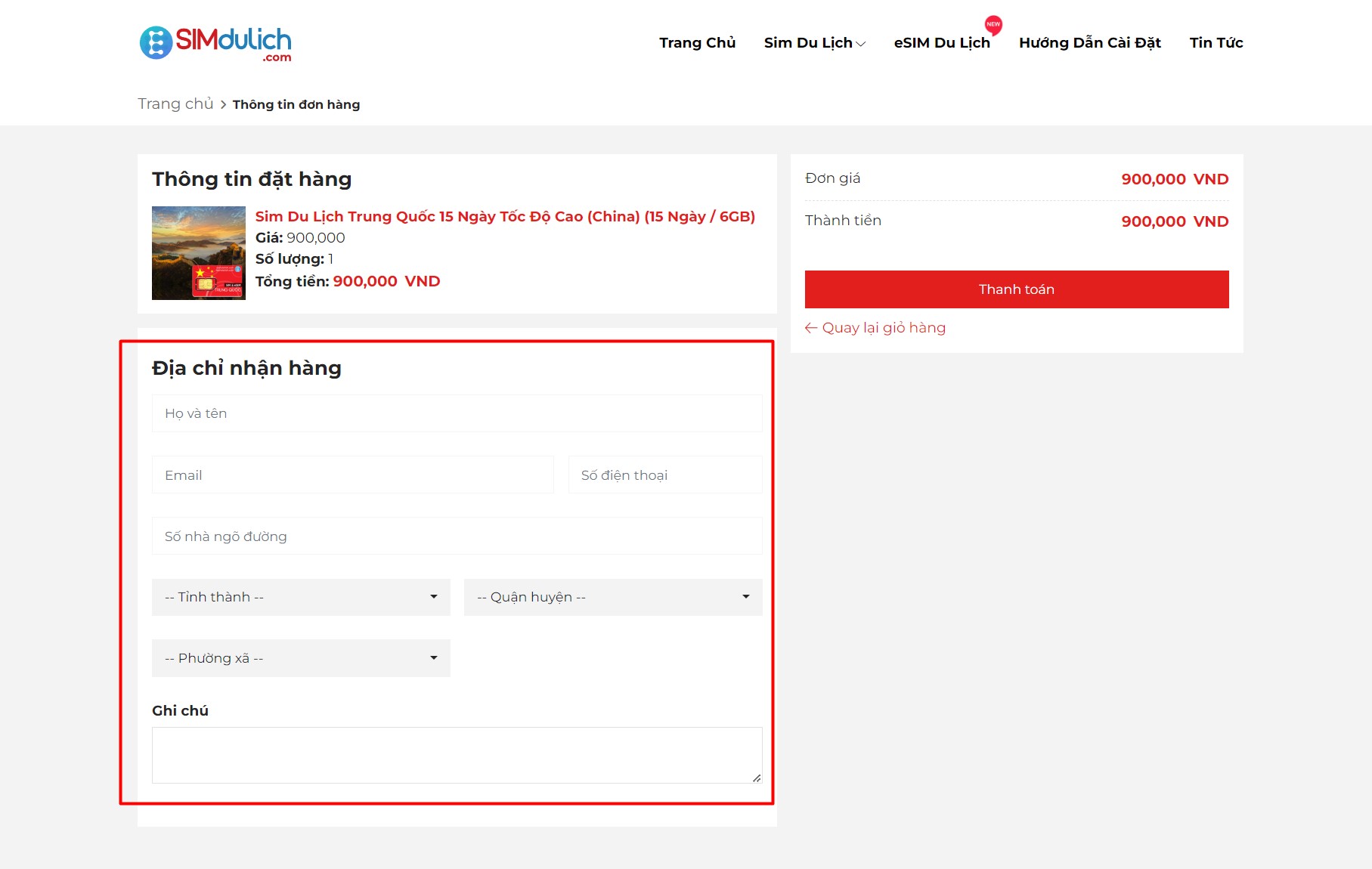 form thanh toán sim du lịch esim du lịch
