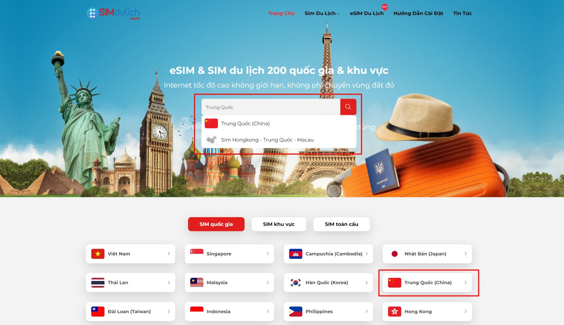 lựa chọn điểm đến sim du lịch esim du lịch