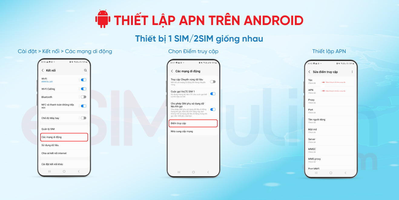 thiết lập APN trên android sim du lịch