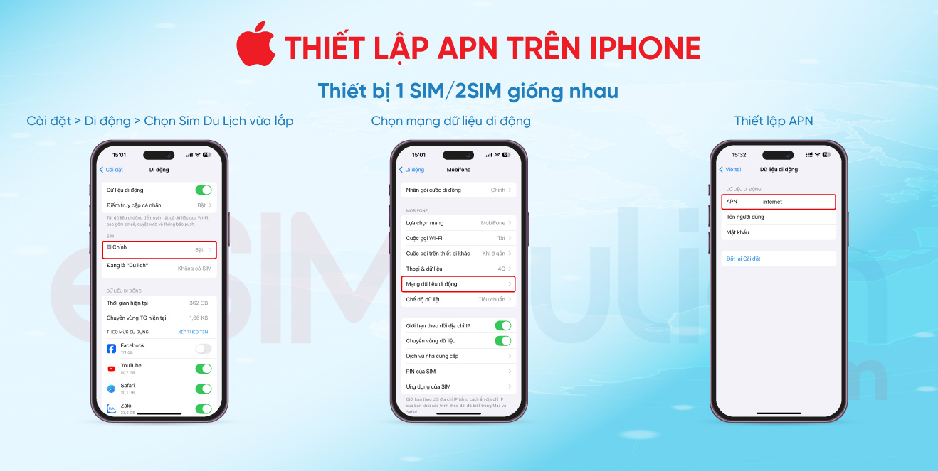 thiết lập APN trên iphone sim du lịch